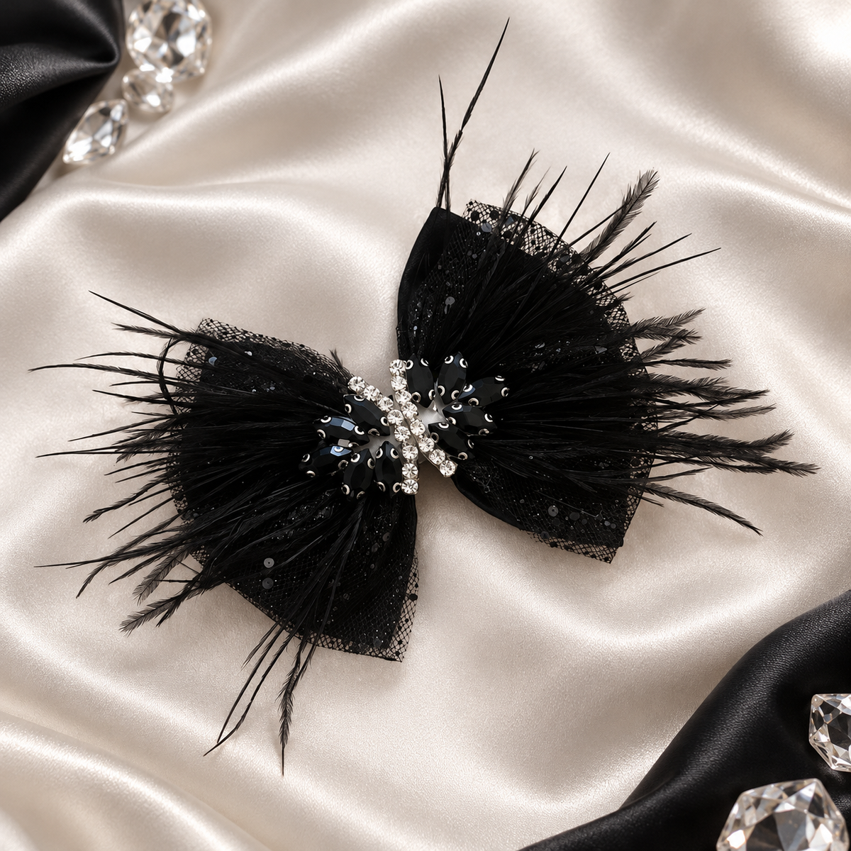 Black satin with feather hair Clip