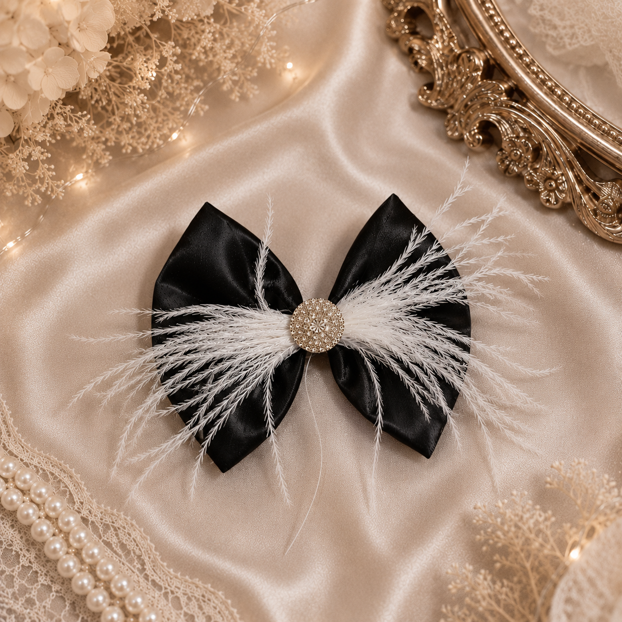 5 inch satin hair bow with feather