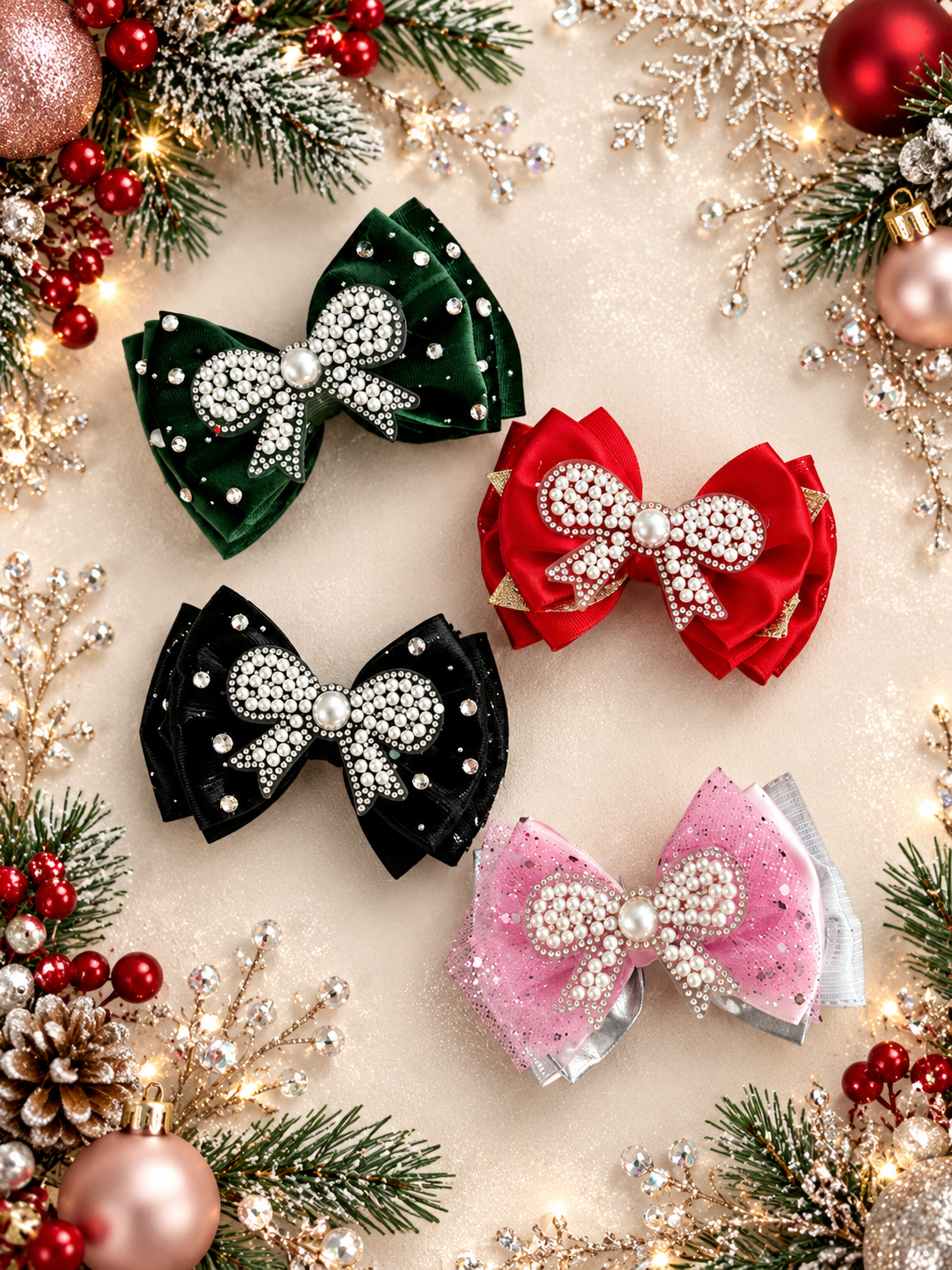 Piggy size holiday pear bow hair clip