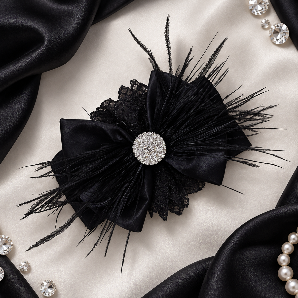 Black satin bow with feathers