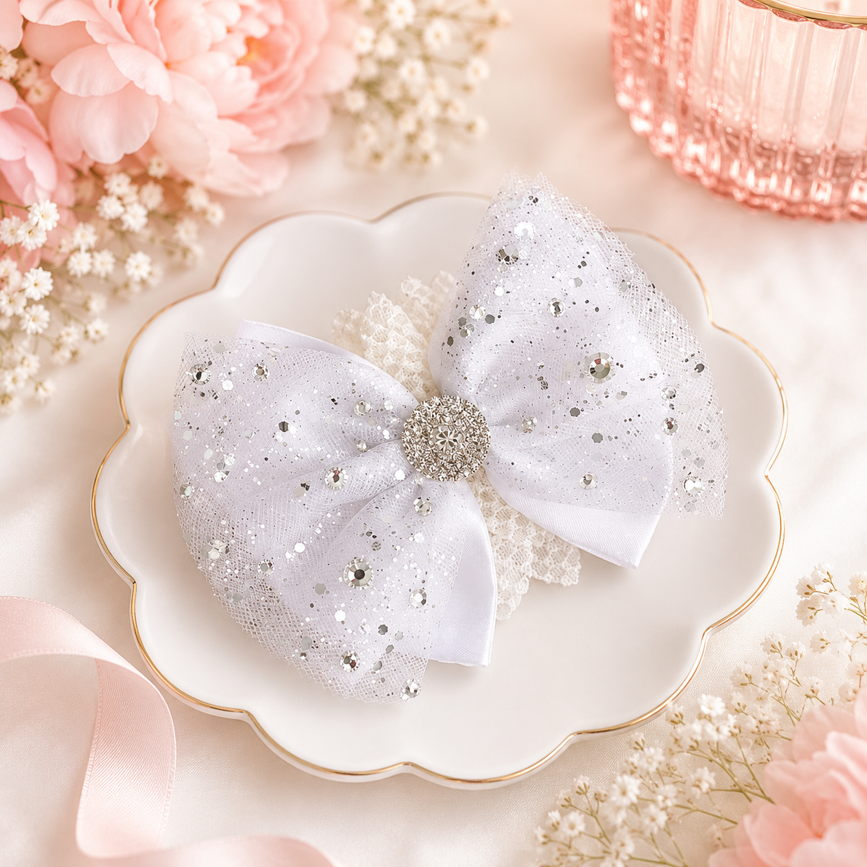 White tulle 5 inch hair bow