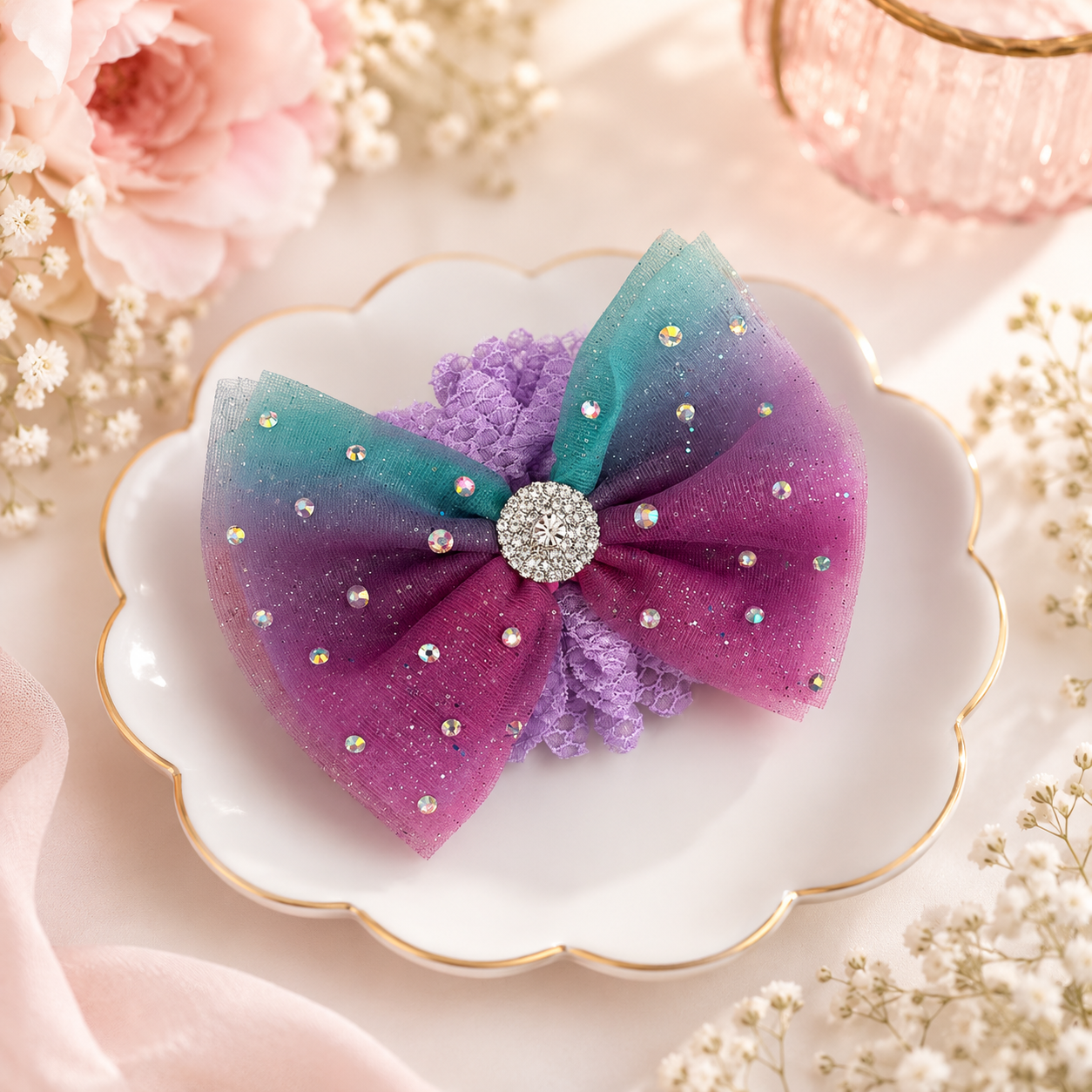 Rainbow 5 inch tulle hair bow