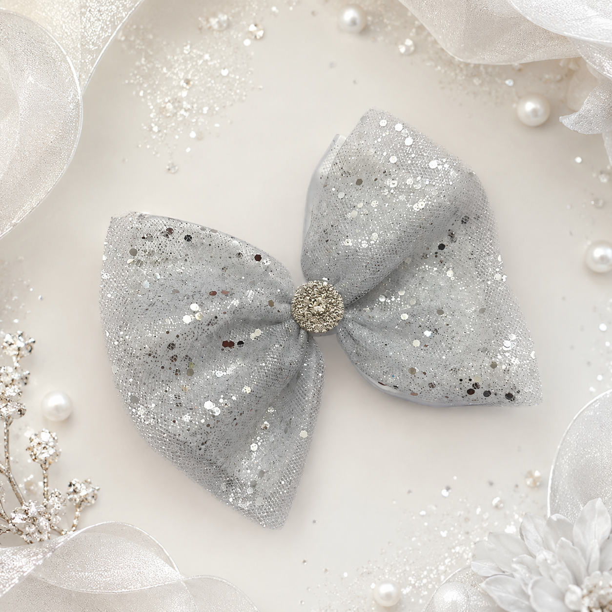 Silver tulle hair bow
