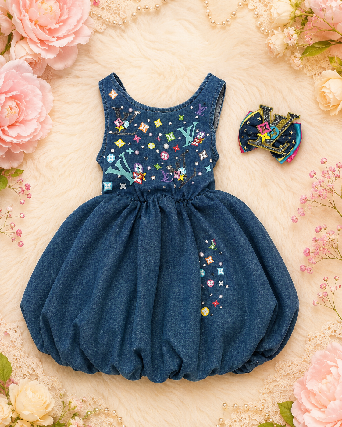 3y denim dress with matching hair clip