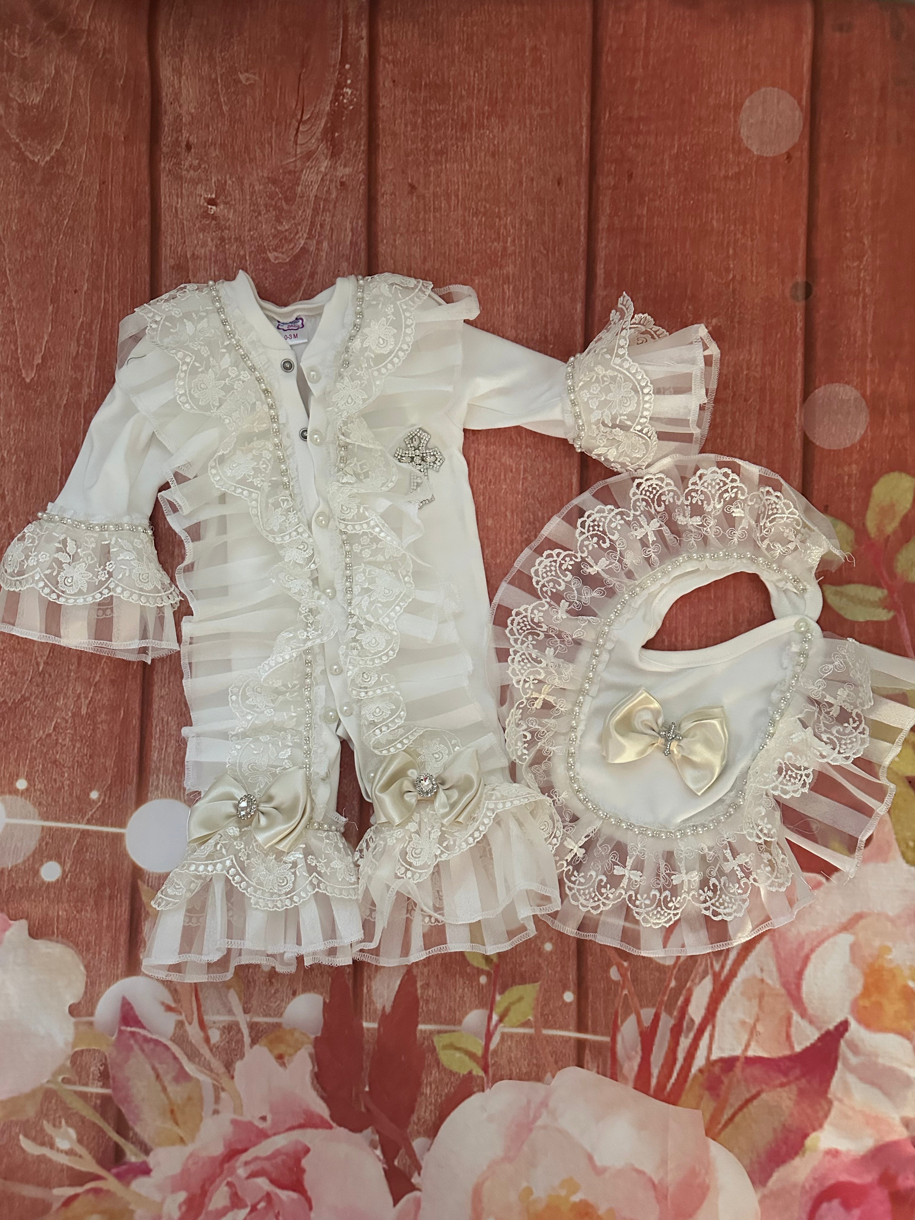 1-3m after christening romper and bib