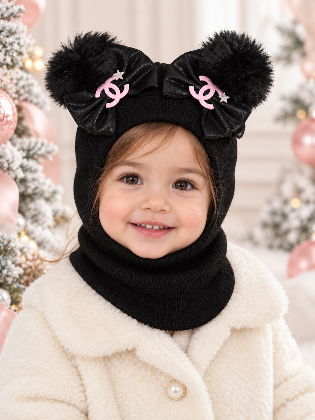 1-4y BLACK winter hat with built in scarf