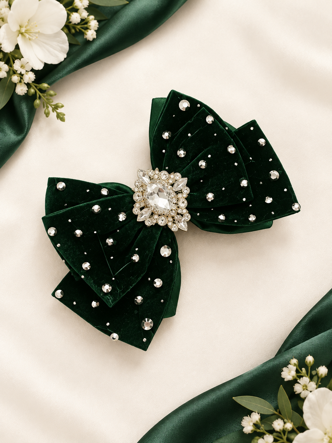 6 inch forest green velvet and satin hair clip